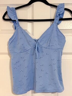 H&M Baby Blue Eyelet Tank Top Ruffle Straps Cottagecore XS Open Back with Ties